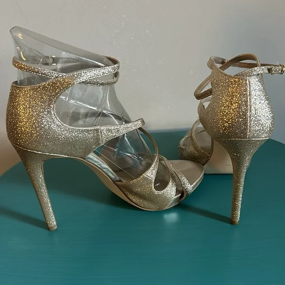 Guess Women’s Gold Glitter Strappy 4 1/2” Stiletto Formal Heels Prom Ready - Picture 4 of 13